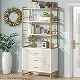 Tribesigns Gold White Bookshelf with 3 Drawers, Tall Ladder Shelf Bookcase with Storage, Modern Book