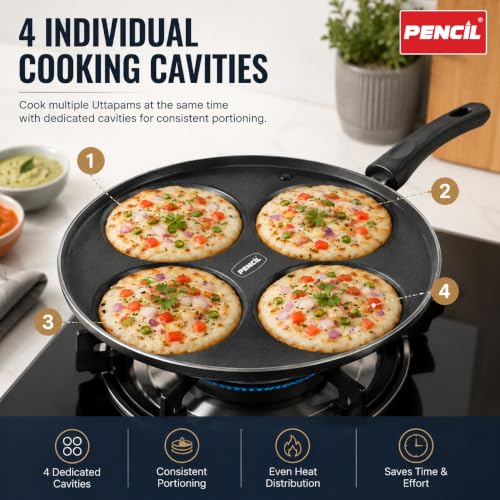 Image of Pencil Signature Non Stick Uttapam Tawa(4Pits) | 4 Cavities | Uttapam Maker | Pan Cake Maker | Gas Top Compatible Tawa | Durable and Efficient