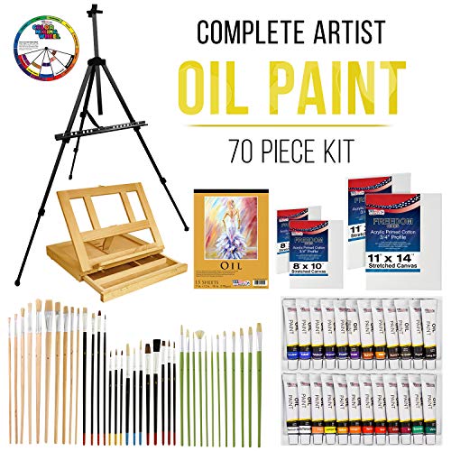 U.S. Art Supply 70-Piece Artist Oil Painting Set with Aluminum Field Easel, Wood Table Easel, 24 Oil Paint Colors, 37… - Image 3