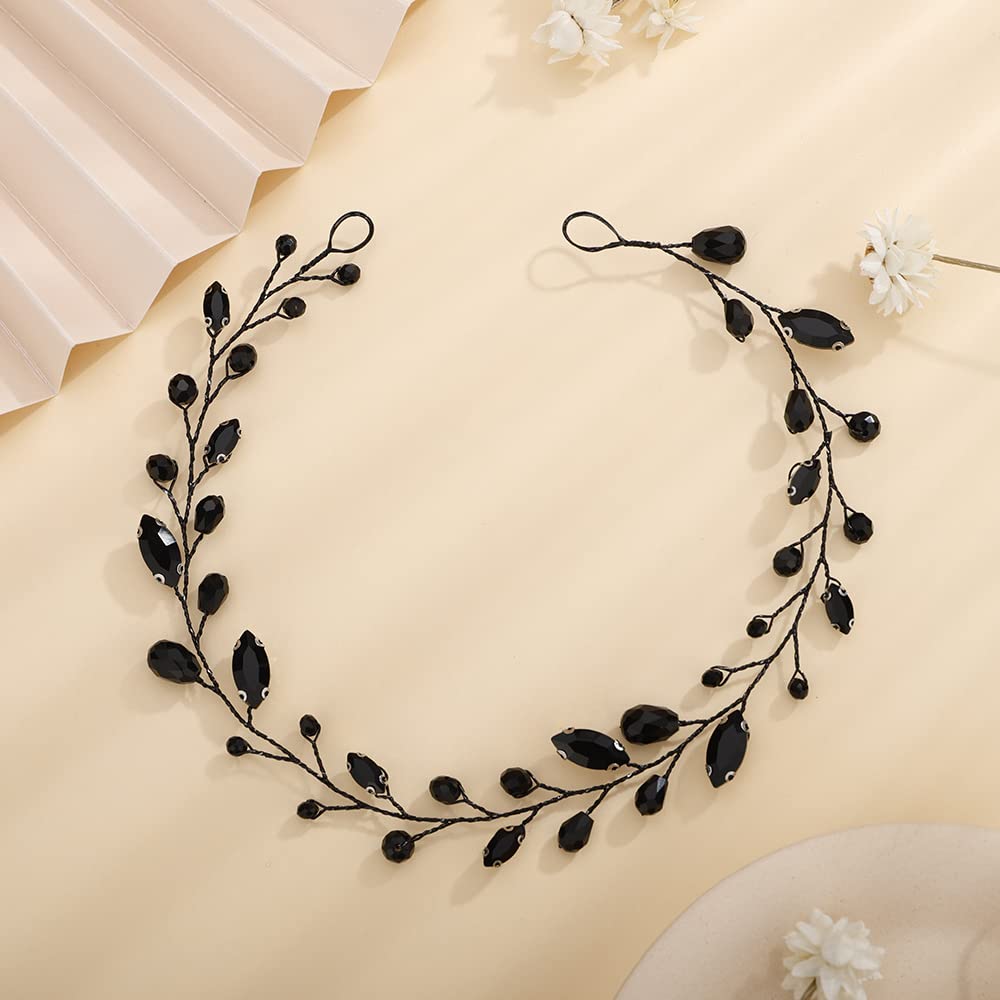 Kercisbeauty Simple Crystal Rhinestones Beads Handmade Headband for Wedding Women Special Occasion Black Classic Hair Piece - Image 2