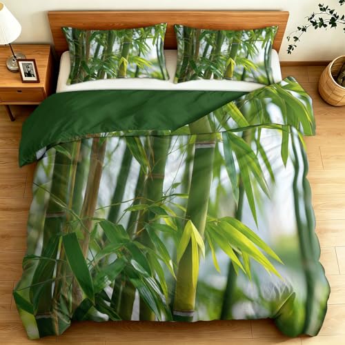 Juego de ropa de cama de 200 x 200 cm de microfibra suave, juego de 3 piezas Zen bosque de bambú verde botánico colcha moderna estampada con cremallera y Lejano Oriente ZenSalvia