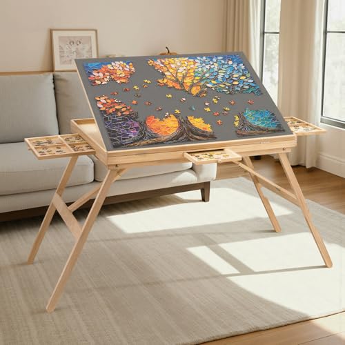 TEAKMAMA Puzzle Table 27.6' Tall 1500 Piece Puzzle Board with Drawers, 34.2' x 26.3' Adjustable 5-Tilting-Angle Jigsaw Table with Legs, Jigsaw Board for Adults, Nature