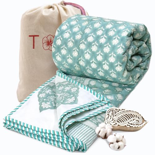 Image of TOAIArt Premium Jaipuri Dohar | AC Blanket Summer Quilt | Hand Block Printed | 3 Layers | Reversible | 150GSM 100% Mulmul Cotton | 100% Cotton Flannel Filling | Queen 90 inch X 108 inch|Cool Summer