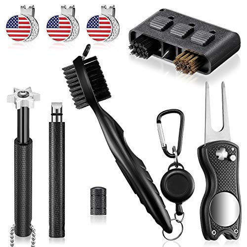 8 Pieces Golf Club Cleaner Set Golf Brush and Club Groove Cleaner Divot Tool, Groove Sharpener, 6 Heads Golf Club Groove Sharpener Foldable Divot Repair Tool with Magnetic Golf Hat Clips Ball Marker