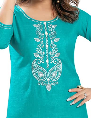 Image of DREAM & DZIRE Blue Office wear Kurti for Women in Pine Cotton Plus Size & Small Size.