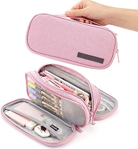 CICIMELON Pencil Case Big Capacity Handheld 3 Compartments Pencil Pouch Portable Large Storage Canvas Pen Bag for Boys Girls Adults Students Business Office(Pink)