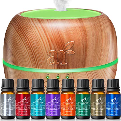 artnaturals Aromatherapy Essential Oil and Diffuser Gift Set - (150ml Tank & Top 8 Oils) - Peppermint, Tee Tree, Lavender & Eucalyptus - Auto Shut-Off â€“ Therapeutic Grade