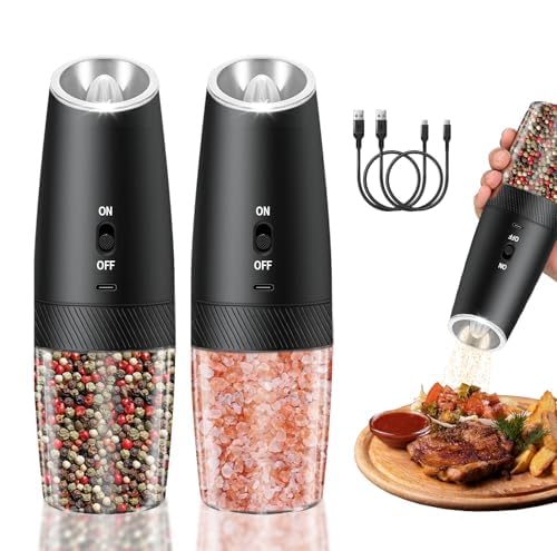 XWXO Gravity Electric Salt and Pepper Grinder Set, USB Rechargeable with LED Light, One Hand Operation, Automatic Grinding, Adjustable Coarseness