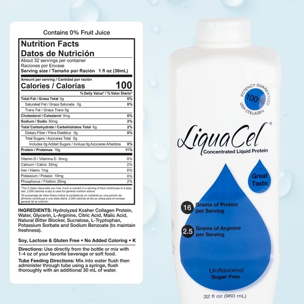 LiquaCel Concentrated Liquid Protein, Unflavored, Ready-to-Drink, 16g Hydrolyzed Collagen Protein and 2.5g Arginine Per 1oz Serving, Sugar & Gluten Free, 32 fl oz Bottle - Image 2
