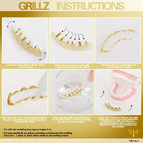 Tsanly Gold Grillz 6 Teeth Mouth 24K Plated Gold Top & Bottom Grills Caps Set For Son + Extra Molding Bars + Microfiber Cloth #TOP5