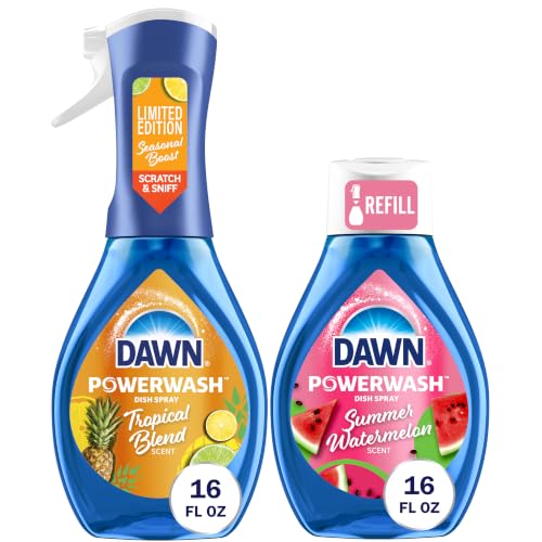 Image of Dawn Dish Soap Spray Kitchen Household Essentials 1 Tropical Blend Starter Kit and Watermelon Refill Combo Pack, 16 oz (each)