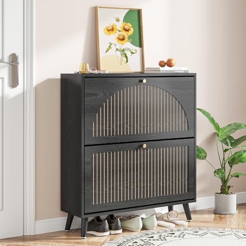 Shoe Storage Cabinet for Entryway with 2 Flip Drawers, Narrow Wood Shoe Cabinet with Fluted Panel, Freestanding Hidden Shoe Organizer for Foyer, Hallway (Black - with Shelf)