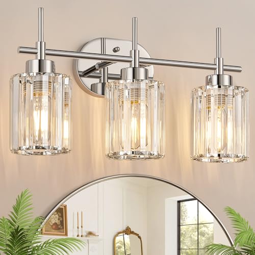 Image of Modern Crystal Bathroom Vanity Light, 3-Light Chrome Vanity Light with Clear K9 Crystal Shades, Bathroom Light Fixtures Over Mirror (Bulbs Not Included)