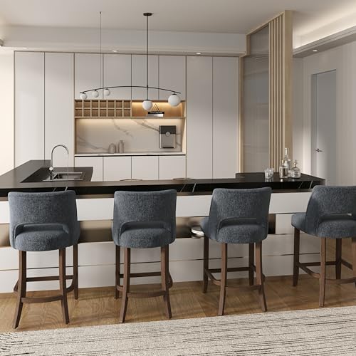 Image of VKNOW Bar Stools Set of 2, 26 inch Upholstered Counter Height Bar Stools, Modern Counter Stools with Wood Legs for Kitchen Island Dining Room Bar, Navy Blue