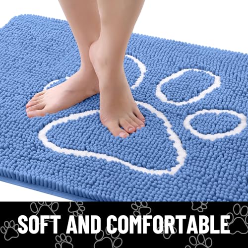 Image of Smiry Dog Door Mat for Muddy Paws, Absorbent Dirt Trapper Non Slip Quick Dry Washable Chenille Mat for Mud Dogs, Entry Rug for Indoor and Outdoor (48x30 Inches, Cornflower Blue and White)