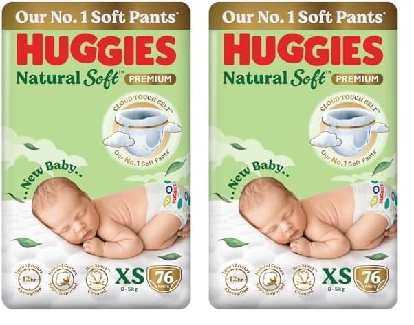 Image of Huggies Natural Soft Premium Baby Diaper Pants, Our No.1 Soft Pants, Newborn /Extra Small (XS) Size (0-5 Kgs), Pack of 152 | Cloud Softness All over with India's 1st Cloud Touch Belt
