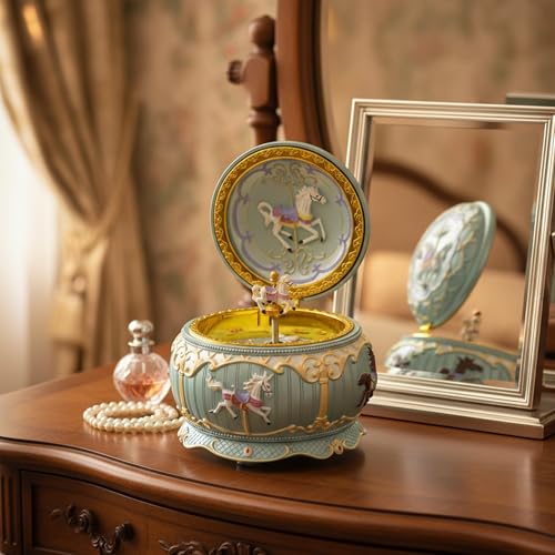 Carousel Horse Music Jewelry Box Gift for Daughter Girls Wife, Mother Day Birthday Music Box with Lights Play Castle in The Sky Melody