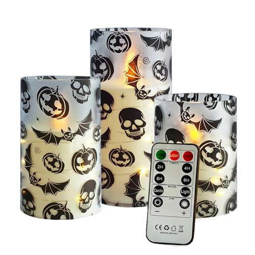 Image of Flickering Flameless Candles Halloween Bat Embedded Star String Lights, Battery Operated Acrylic LED Pillar Candles with 11-Key Remote and Timer for Home Decoration, 3 Pack