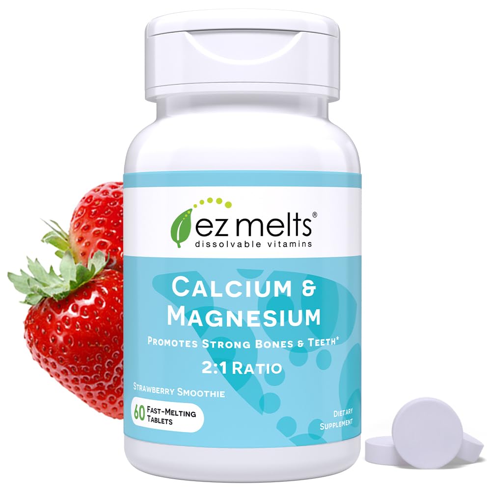 Calcium & Magnesium - Daily Supplement for Heart, Bone, Immune & Brain Health - with Vitamin D3 - Non-GMO & Vegan - Strawberry Smoothie - 60 Dissolvable Tablets (30 Servings)