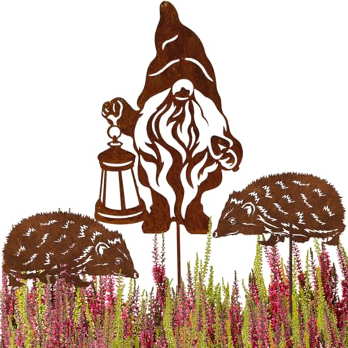 Terma Stahldesign Rostfigur Gartenstecker dreier Set Herbst Zwerg mit...