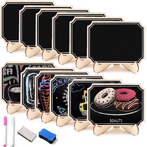 Lot de 12 mini tableaux à craie avec 2 stylos et 1 chiffon de nettoyage - Mini tableau noir en bois pour étiquettes de prix, cartes de table, anniversaire,...