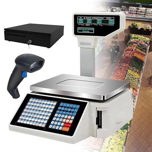 High-Accuracy Commercial Label Printing Scale, 37x27cm Electronic Weight Scale for Supermarkets, Dried Fruit & Milk Tea Shops, Barcode Weighing System, Cash Register Compatible