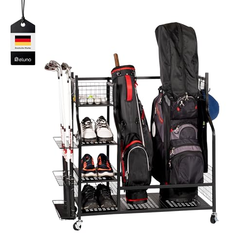 eluno Golftaschen-Organizer, Regalwagen mit stabilen Ablageflächen und Körben, Aufbewahrungsregal passend für 2 Golftaschen und Golfausrüstungszubehör, Golftaschenhalter, aus schwarzem Stahl eluno Golftaschen-Organizer, Regalwagen mit stabilen Ablageflächen und Körben, Aufbewahrungsregal passend für 2 Golftaschen und Golfausrüstungszubehör, Golftaschenhalter, aus schwarzem Stahl