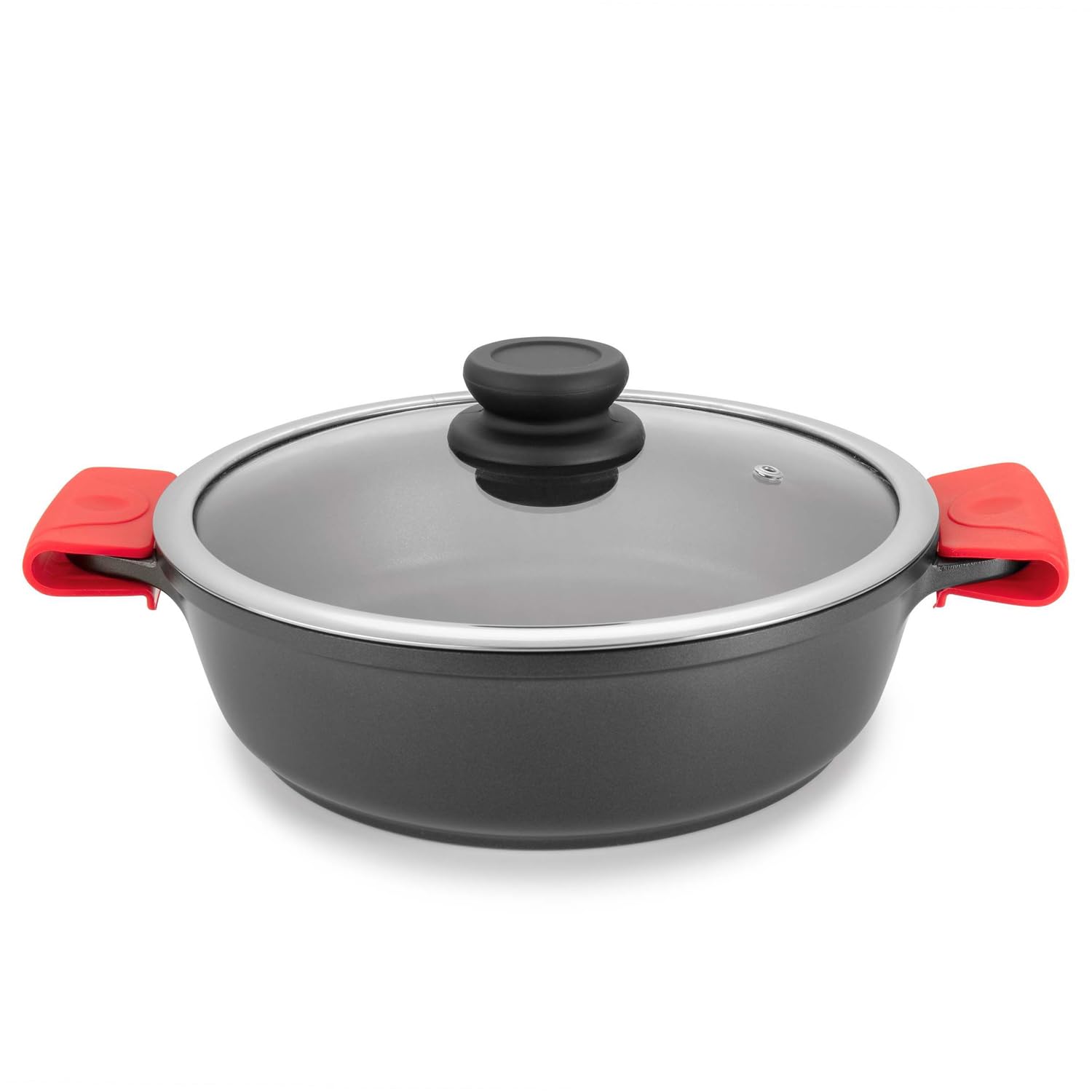 MBH - Casserole basse professionnelle en aluminium forgé Ø 28 cm antiadhésive avec couvercle en verre et poignées en silicone, convient pour cuisinières à induction.