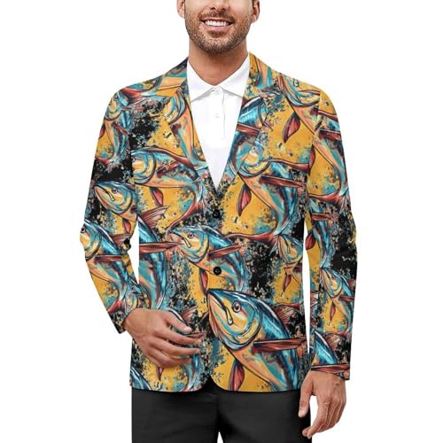 Tuna Fish Watercolor Men's Slim Suit Long-Sleeve Prom Tuxedo Classic Two Button Business Jacket