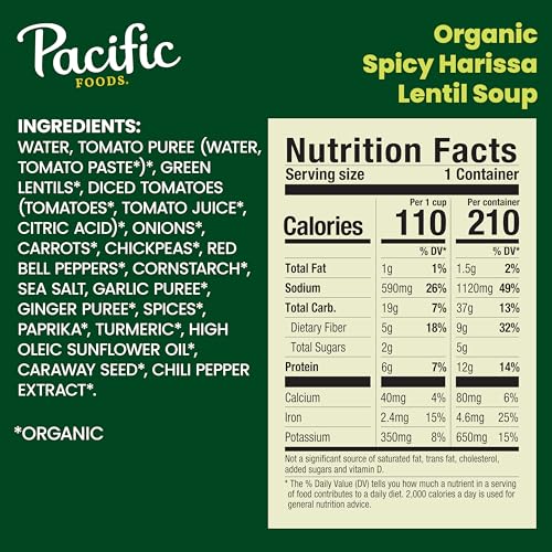 Image of Pacific Foods Organic Spicy Harissa Lentil Soup, Plant Based, 16.3 oz Can (Pack of 2)