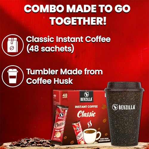 Image of Bevzilla 48 Classic Instant Coffee Sachets with Eco-Friendly Bio-Composite Tumbler | Bamboo Fiber, Coffee Husk & Rice Husk | Plastic-Free Cafe-Style Coffee Kit | Enjoy Hot & Cold