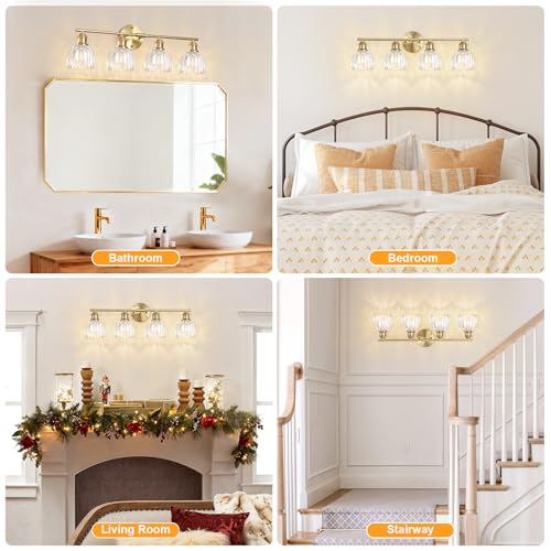 Image of Bathroom Light Fixtures, 4-Light Brushed Gold Vanity Lights for Bathroom with Clear Tulip Glass Shade, 26 inch Vintage Bathroom Vanity Lighting Fixtures Over Mirror for Bedroom Living Room Hallway