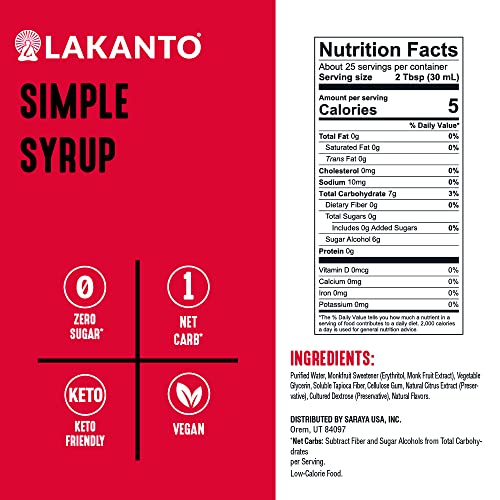 Lakanto Sugar Free Simple Flavoring Syrup - Monk Fruit Sweetener, Perfect For Coffee, Cocktails, Snow Cones, Sodas, Other Drinks, Keto Diet Friendly, 1G Net Carb, Vegan (Original - 25.4 Fl Oz) #TOP1