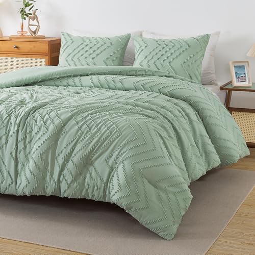 Image of Andency Sage Green Comforter Full, Boho Soft Fluffy Warm Lightweight Bedding Comforter Sets for Full Bed, 3 Pieces Light Green Chevron Tufted Aesthetic Microfiber Lightweight Comforter Set