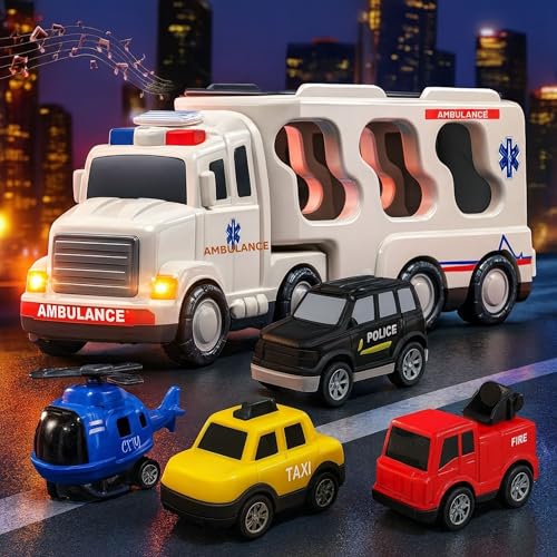 Image of GRAPHENE 5-in-1 Pull Back Friction-Powered Ambulance Vehicle Truck Toy Set with Light & Music Gift for Kids Boys Girls Ages 3 4 5 6 + Year Carrier Truck with Pull Back Cars Helicopter