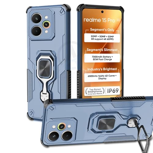 Image of AESTMO Armor Back Cover for Realme 15 Pro 5G | Ring Holder & Kickstand & Camera Protection in-Built | 360 Degree Protection Back Case Cover (Blue)