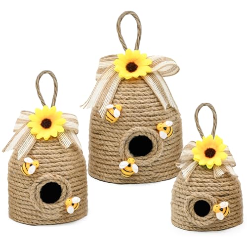 Bee Hive Decor 3 Pack Farmhouse Bee Decorations, Rustic Bee Hive Decorations, Bee Themed Home Decor, Spring Bee Home Decor for Kitchen, Living Room, and Shelves, Summer Decor