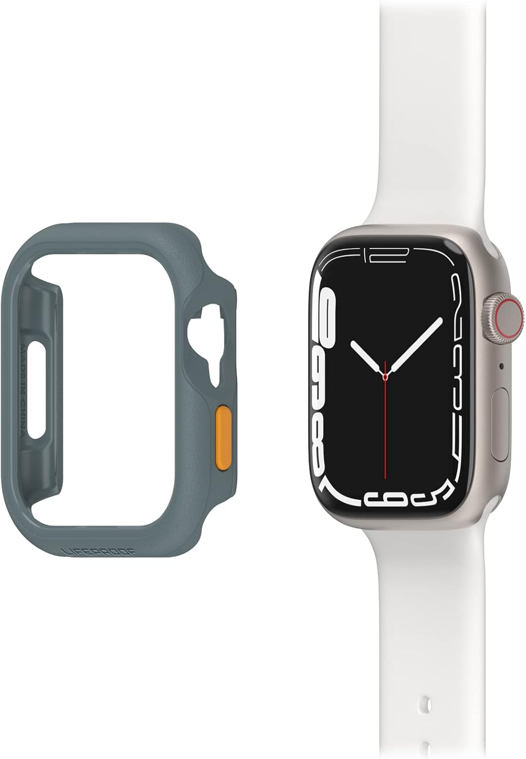 LifeProof Watch Bumper placed next to an Apple Watch Series 7 45mm, illustrating the orientation for installation.