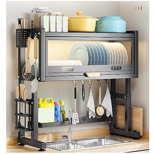 Escurridor de Platos Ajustable de 3 Niveles para Colocar sobre el Fregadero con Estante, Acero Inoxidable, Negro - Utensilio de Cocina secar y Guardar Platos, diseño