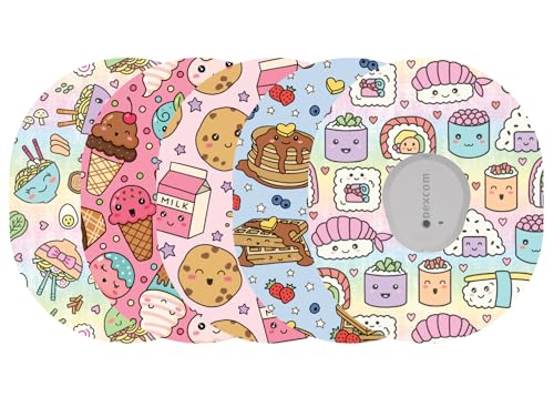 Glucomart Adhesive Patches for Dexcom G7 Stelo & Infusion Sets 5-Pack Waterproof Sweatproof CGM Overpatches Hypoallergenic CGM Patches (Kawaii Foods)