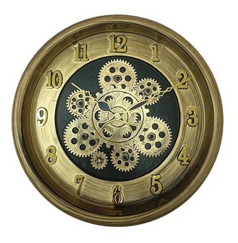Image of De'rons Rotating Moving Gears Wall Clock Industrial Steampunk Real Moving Gear Designer Wall Clock for Living Room Home Decor Office Wooden Look Plastic Round 32cm DC-1387 (Golden)