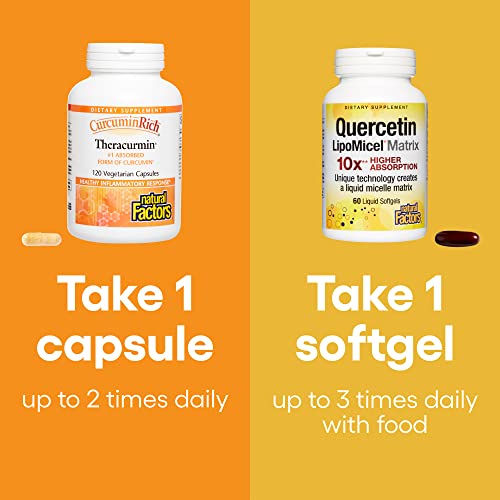 Natural Factors, Curcuminrich Theracurmin, 30 Mg (120 Tablets) & Quercetin Lipomicel Matrix, 250 Mg, (60 Liquid Softgels) For Immune Support #TOP5