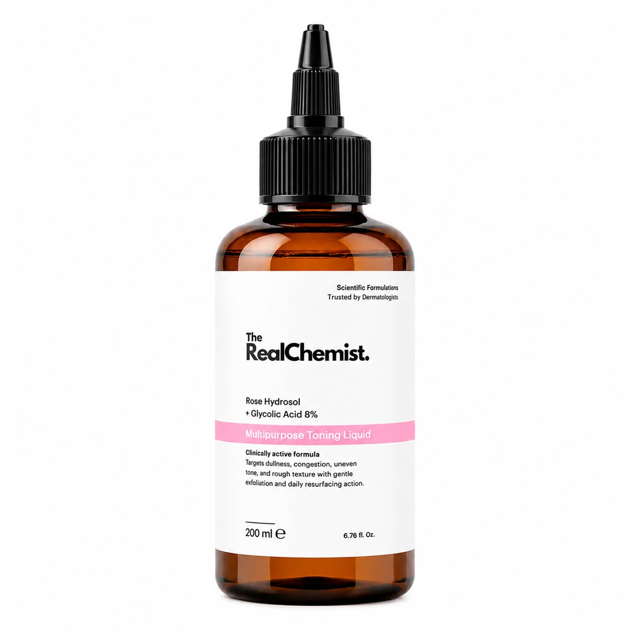 The Real Chemist 8% Glycolic Acid Toner | AHA Exfoliating Toner for Face, Scalp & Body | Fades Dark Spots, Evens Skin Tone | Rose Hydrosol | All Skin Types | 200ml