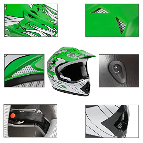 Dot Youth Kids Motocross Offroad Street Dirt Bike Helmet Youth Motorcycle Atv Helmet With Goggles Gloves Green Flame L #TOP6