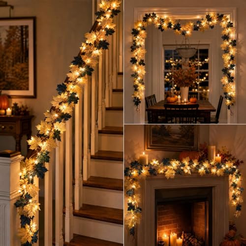 3PCS Thanksgiving Simulation Maple Leaf Fall Garland with Led Lights, 69in | Artificial Deciduous Fake Vines For Staircase Dining Table Fireplace Mantel Home Decor Hanging Vines Farmhouse Fall Decor - image 4