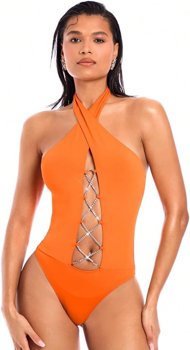 ボディスーツ デリケートなレース クロス ハロータイプ ホログラム サマービキニ ブラック - サイズ