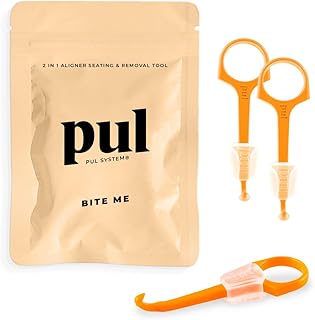 PUL 2 in 1 Chewies & Clear Aligner Removal Tool Combo by The Pultool | Compatible with Invisalign Removable Braces & Trays, Aligners, Retainers, & Dentures | Hygienic, Durable, Compact (3 Pack, Orange)