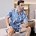 ShuiGod Men's Silky Satin Pajama Set Short Sleeve Classic Sleepwear Button Down Loungewear with knickers（blue feather-Xl）