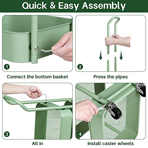 Aooda 3 Tier Under Desk Rolling Cart With Handle And Lockable Wheels, 27'' Height Small Metal Book Cart Mobile Art Cart Rolling Storage Organizer For Office, Kitchen, Bathroom (Aqua Green) #TOP7