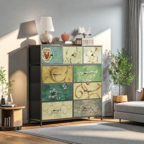Plcnn - Cómoda de 9 cajones de tela, cómoda de dormitorio, mueble de almacenamiento con estructura de metal, para sala de estar, dormitorio, pasillo, entrada (9 cajones-01)